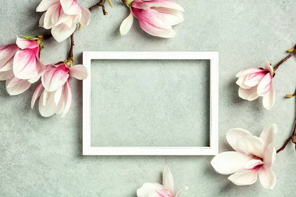 Ramka Zdjęcia Makieta Miejsca Tekst Piękne Wiosenne Kwiaty Magnolii Szarym — Zdjęcie stockowe