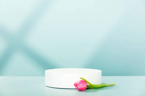 Abstract leeg wit podium met geometrische schaduwen en roze tulpenbloem op blauwe achtergrond. Mock up stand voor productpresentatie. 3D Render. Minimaal concept — Stockfoto