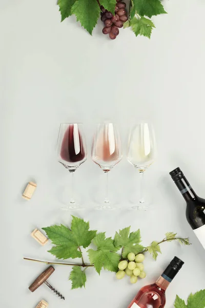 Flat Lay Vinho Tinto Rosa Branco Copos Ramo Videira Uva — Fotografia de Stock