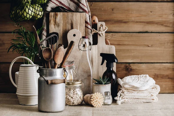 Eco Friendly Kitchen Concept Kitchen Cooking Utensils House Plants Water — Foto de Stock