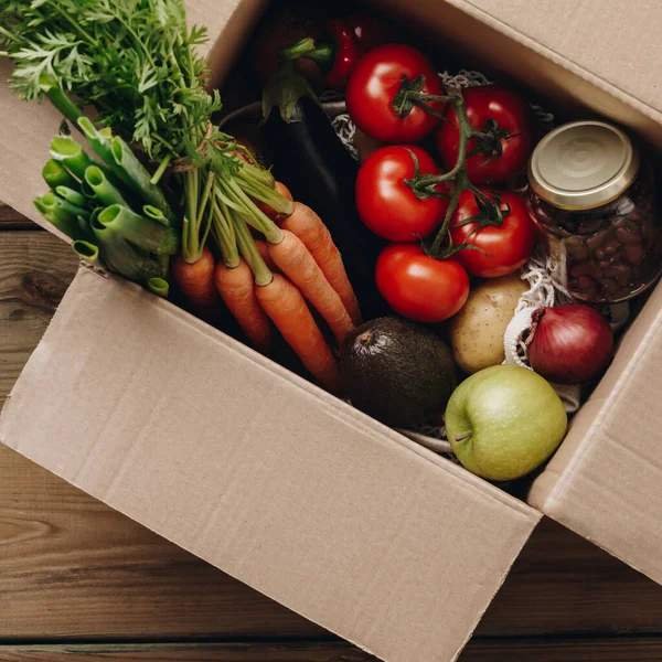 Food Selection Paper Box Fruit Vegetable Herbs Legumes Cereals Leaf — ストック写真