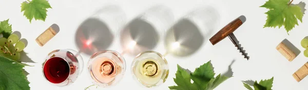 Banner. Wine composition with beautiful sunlight and shadows on white background. Top view, flat lay
