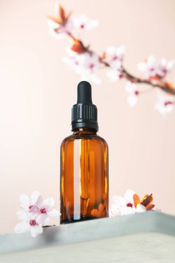 Beyaz mermer rafta siyah kapaklı kehribar cam damlası şişesi, doğal bahar arka planı. SPA doğal organik güzellik ürünü ambalaj tasarımı, markalaşma. Güzellik salonu modeli, alçak açı manzaralı, aşağıda.