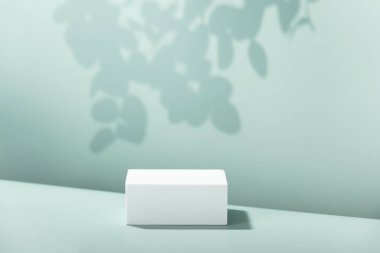 Mavi arka planda okaliptüs yaprakları ve gölgeleri olan soyut beyaz podyum. Ürün sunumu için stand-up yapın. Üç boyutlu çizim. Minimum konsept. Reklam şablonu