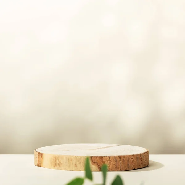 Streszczenie Puste Drewniane Podium Liśćmi Eukaliptusa Cieniami Beżowym Tle Stojak — Zdjęcie stockowe