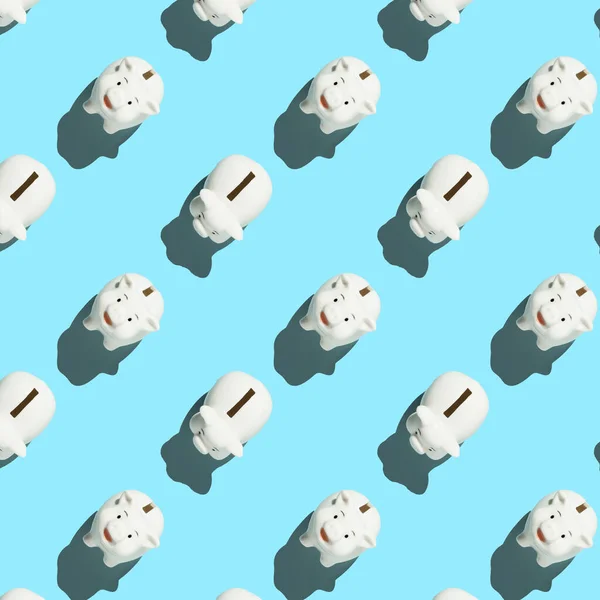 White Piggy Banks Blue Background Financial Money Saving Pattern Concept — Zdjęcie stockowe