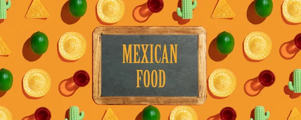 Mexican style pattern with chalkboard on orange background. Mexican food concept. Restaurant menu, fiesta, celebration. Lime, sombrero, tequila, cactus, nachos flat lay top view