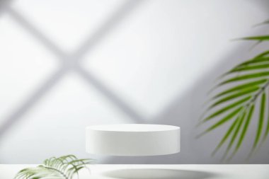 Beyaz arka planda palmiye yaprakları ve pencere gölgesi olan boş bir podyumda uçuyor. Ürün sunumu için stand-up yapın. Üç boyutlu çizim. Minimum konsept. Reklam şablonu