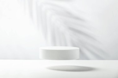 Abstract empty white podium with leaf shadows on white background. Mock up stand for product presentation. 3D Render. Minimal concept. Advertising template