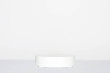 Abstract empty white podium on grey background. Mock up stand for product presentation. 3D Render. Minimal concept. Advertising template