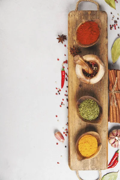 Cooking Background Herbs Spices Rustic Kitchen Utensils Top View — ストック写真