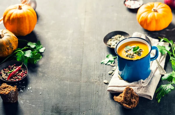 Pumpkin Soup Metal Pot Wooden Surface Ingredients Cooking Thanksgiving Concept — Stockfoto