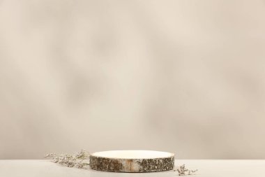 Tarafsız bej arka planda minimal modern ürün görüntüsü. Tahta kürsü ve kuru çiçekler. Yeni ürün için konsept sahne gösterisi, tanıtım satışı, afiş, sunum, kozmetik