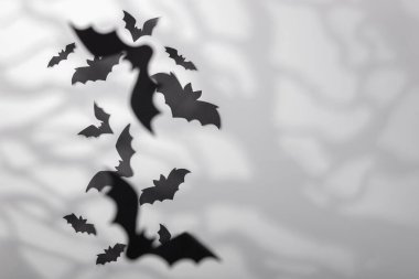 Cadılar Bayramı dekorasyon konsepti - siyah kağıt yarasalar ve korkunç ağaçlar arka plan, boşluk kopyala