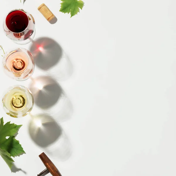 Flat Lay Red Rose White Wine Glasses White Background Wine — Foto Stock