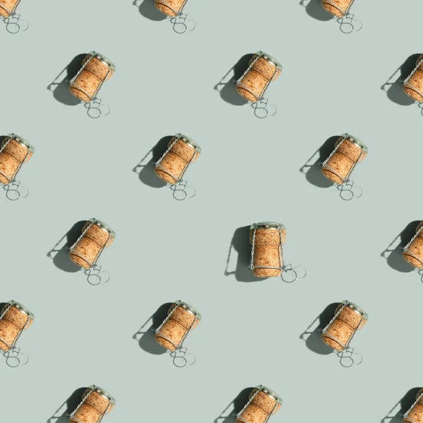 Pattern Champagne Cork Blue Background Shadow Repeat Pattern Top View — Stockfoto