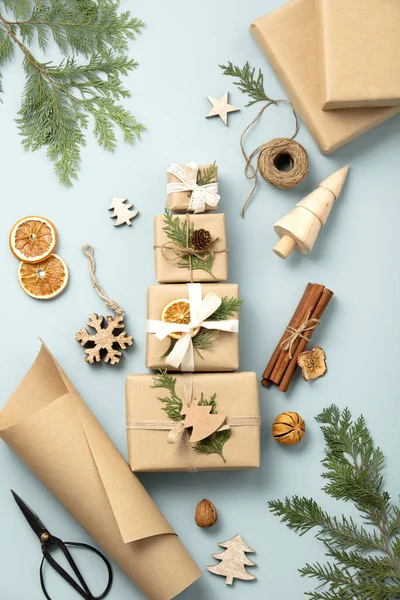 Natal Ano Novo Flat Lay Com Caixas Presente Decorações Eco — Fotografia de Stock