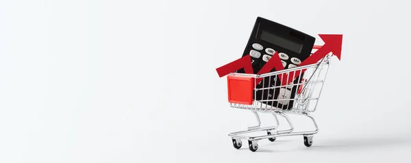 Miniatuur Winkelwagen Trolley Rekenmachine Rode Pijl Omhoog Witte Achtergrond Met — Stockfoto