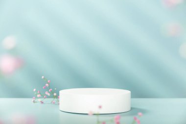 Mavi arka planda, geometrik gölgeleri ve pembe çiçekleri olan soyut boş beyaz podyum. Ürün sunumu için stand-up yapın. Üç boyutlu çizim. Minimum konsept. Reklam şablonu