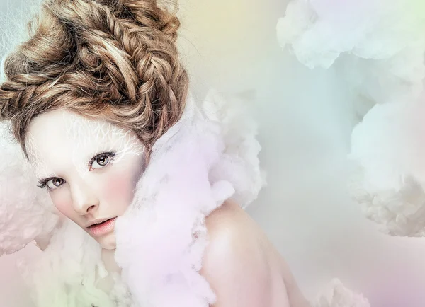 Beautiful young female face with fashion white make-up — Stock Photo, Image