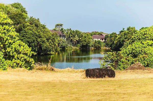 Wiese, See und Häuser — Stockfoto