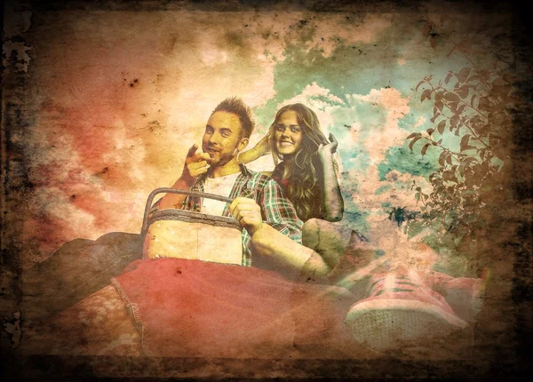 Retro styled grunge portrait of young positive couple. — Stock Photo, Image
