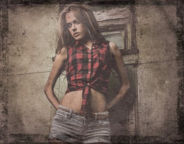 Retro genç güzel kadın portresi grunge tarzı.