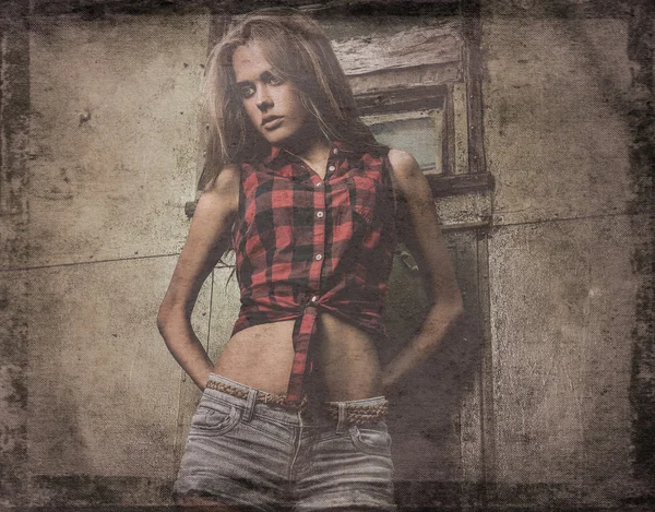 Retro stil grunge porträtt av ung vacker kvinna. — Stockfoto