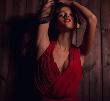 ahşap arka plan üzerinde kırmızı poz Bayan. yakın çekim fotoğraf.