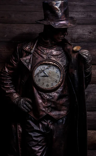 Immagine di orologiaio in brillante stilizzazione fantasia. Foto d'arte fiaba su sfondo di legno grunge . — Foto Stock