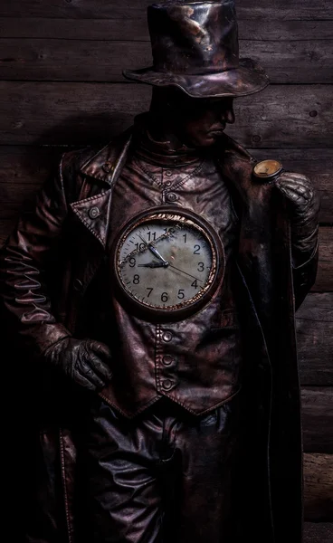 Image of watchmaker in bright fantasy stylization. Fairy tale art photo on grunge wooden background. — Stock Photo, Image