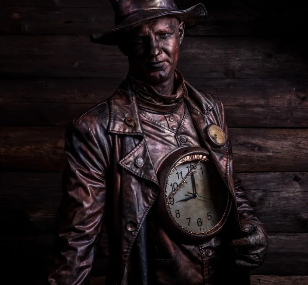 Image of watchmaker in bright fantasy stylization. Fairy tale art photo on grunge wooden background. — Stock Photo, Image