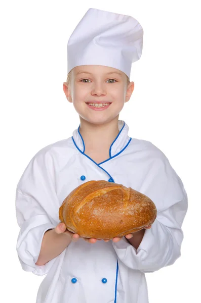 Riéndose panadero con una barra de pan — Foto de Stock