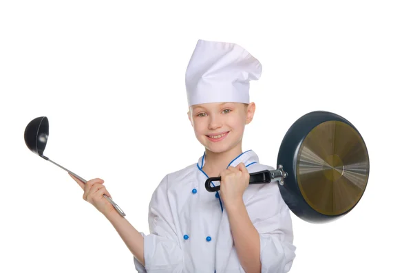 Jovem chef com uma concha e panela — Fotografia de Stock