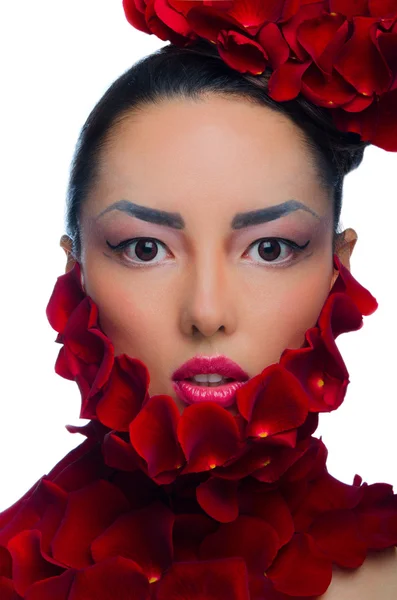 Asiatische Mädchen mit Hut aus Rosen — Stockfoto