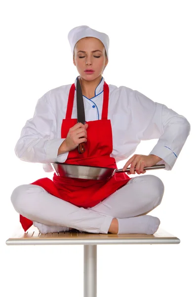 The meditator cook with dishes — Stock Photo, Image
