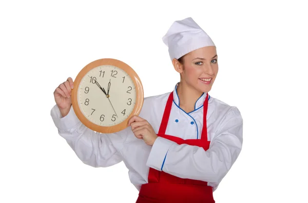 Smiling chef demonstrates clock — Stock Photo, Image