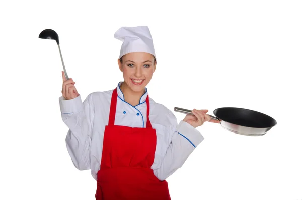 Lachende chef-kok met pollepel en pan — Stockfoto