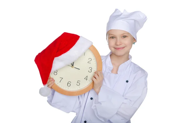 Smiling Christmas young chef with dial — Stock Photo, Image