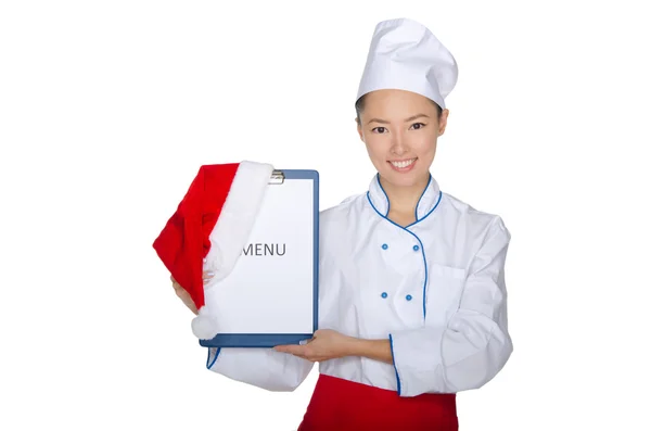 Chef oriental com menu de Natal — Fotografia de Stock