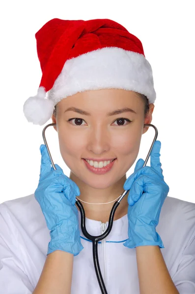 Médecin de Noël avec stéthoscope en gants — Photo