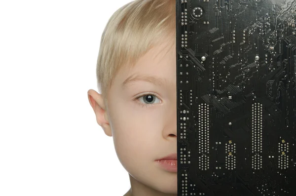 Little boy half closed motherboard — Stock Photo, Image