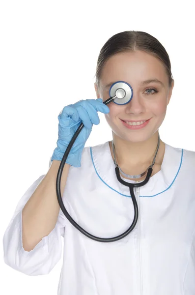 Médico com estetoscópio engajado autotratamento — Fotografia de Stock