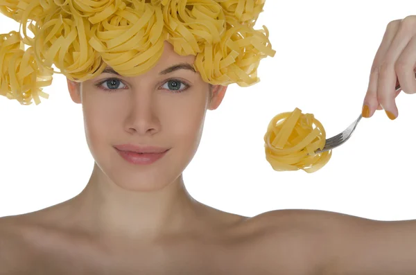 Woman with spaghetti on the head and plug — Stock Photo, Image