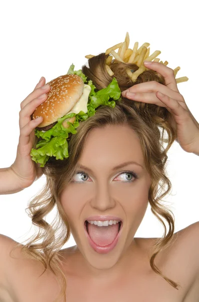 Vrouw met hamburger en friet shouts — Stockfoto