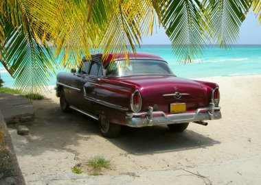 Cuba Beach classic car and palms clipart