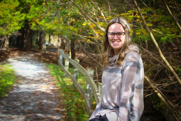 Pretty Young Woman Her 20S Sitting Rail Smiling Happily Fall —  Fotos de Stock