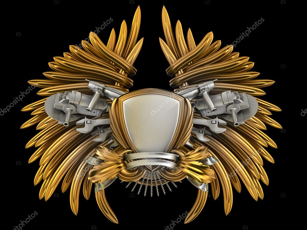 Gold coat of arms on black background with DIY tool