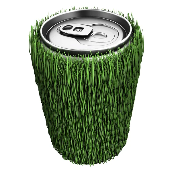 Trinkwasser in Dosen mit Gras — Stockfoto