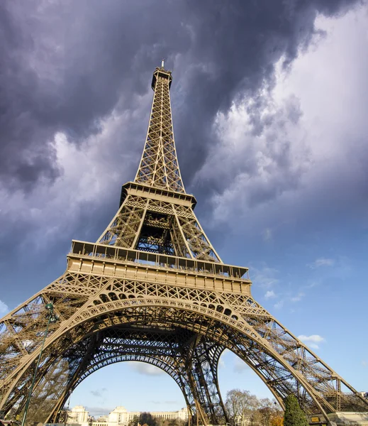 Front view of Eiffel Tower from Champ de Mars Stock Photo